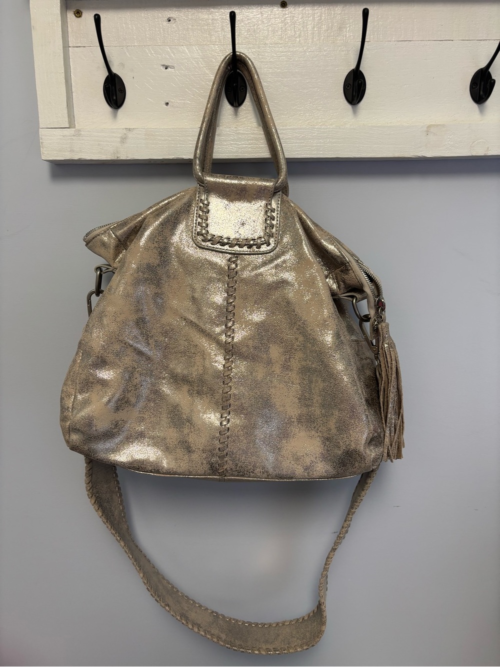 Hobo Metallic Taupe Women’s Shoulder Bag with Tassel
